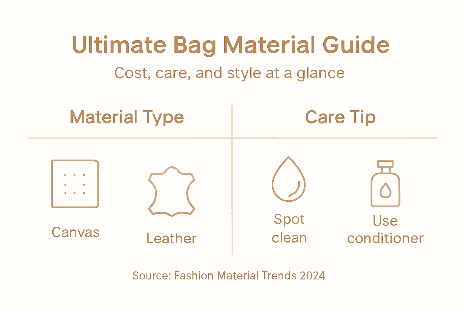 Infographic summarizing bag material care and costs