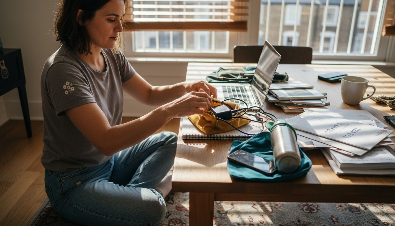 Woman sorting messenger bag items at home
