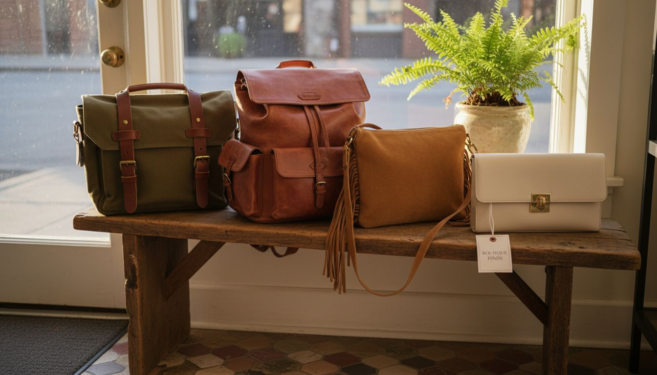 Classic bags arranged on boutique bench