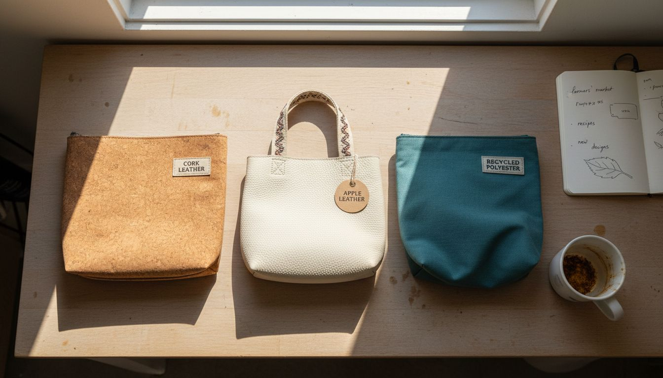 Different vegan bags and materials on table