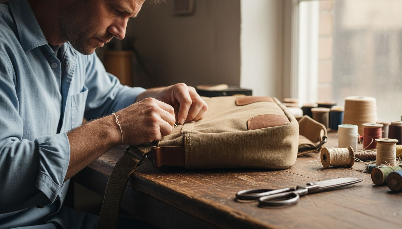 Craftsman sewing durable bag close up