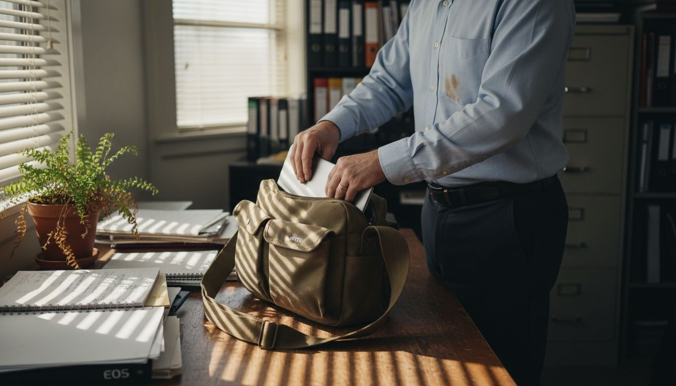 Man loads laptop in durable canvas office bag