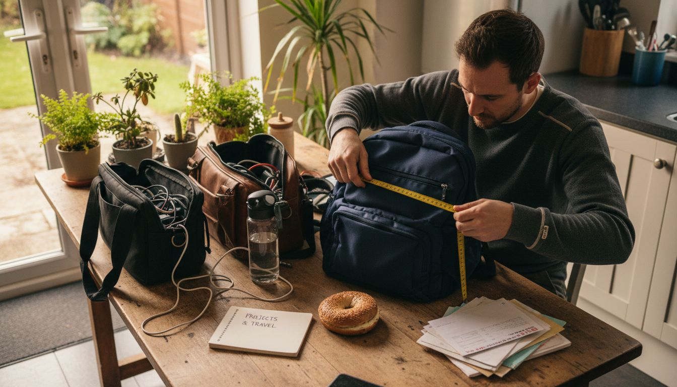 Measuring backpack size at cluttered table