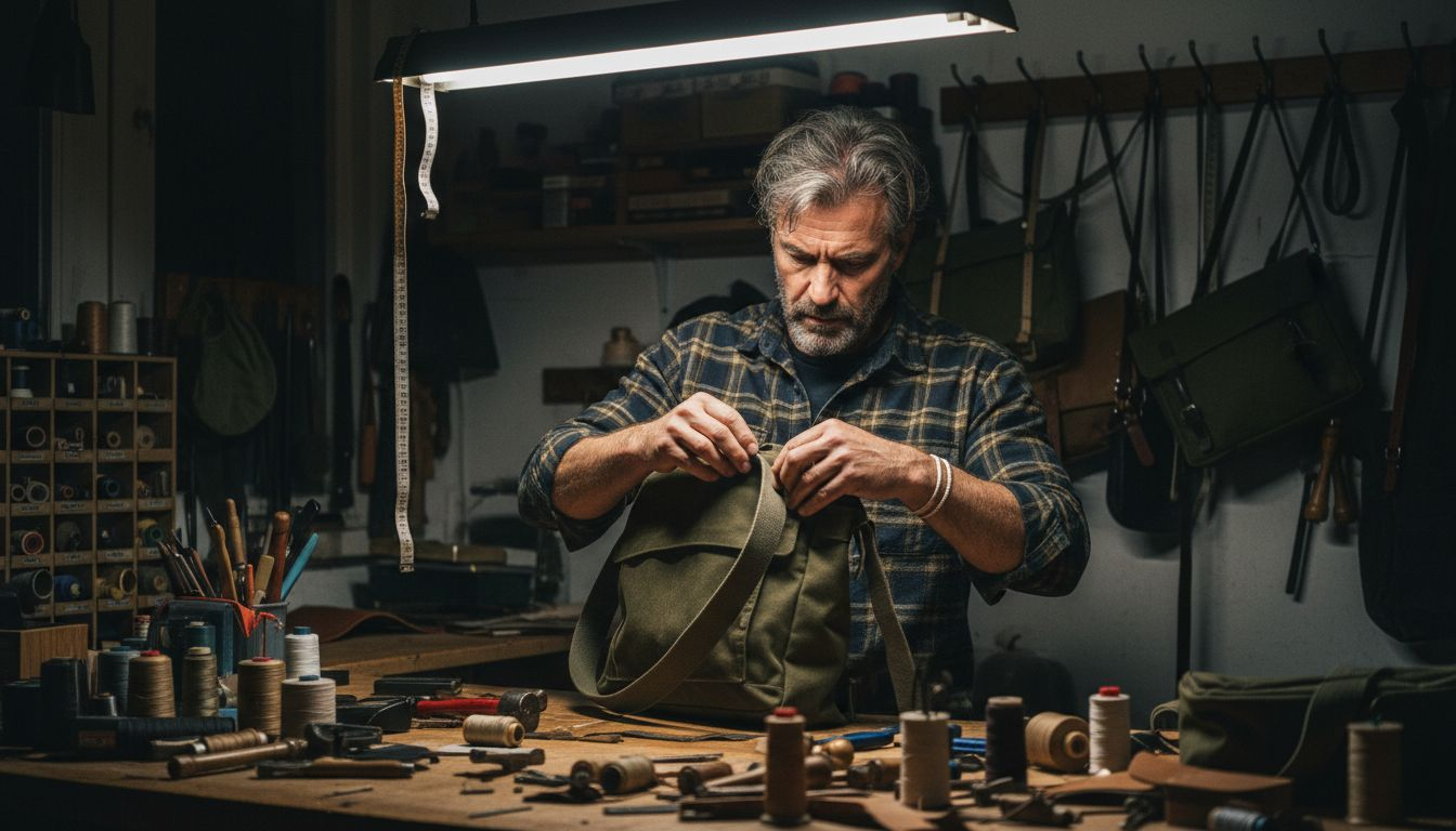 Bag maker checking craftsmanship in workshop