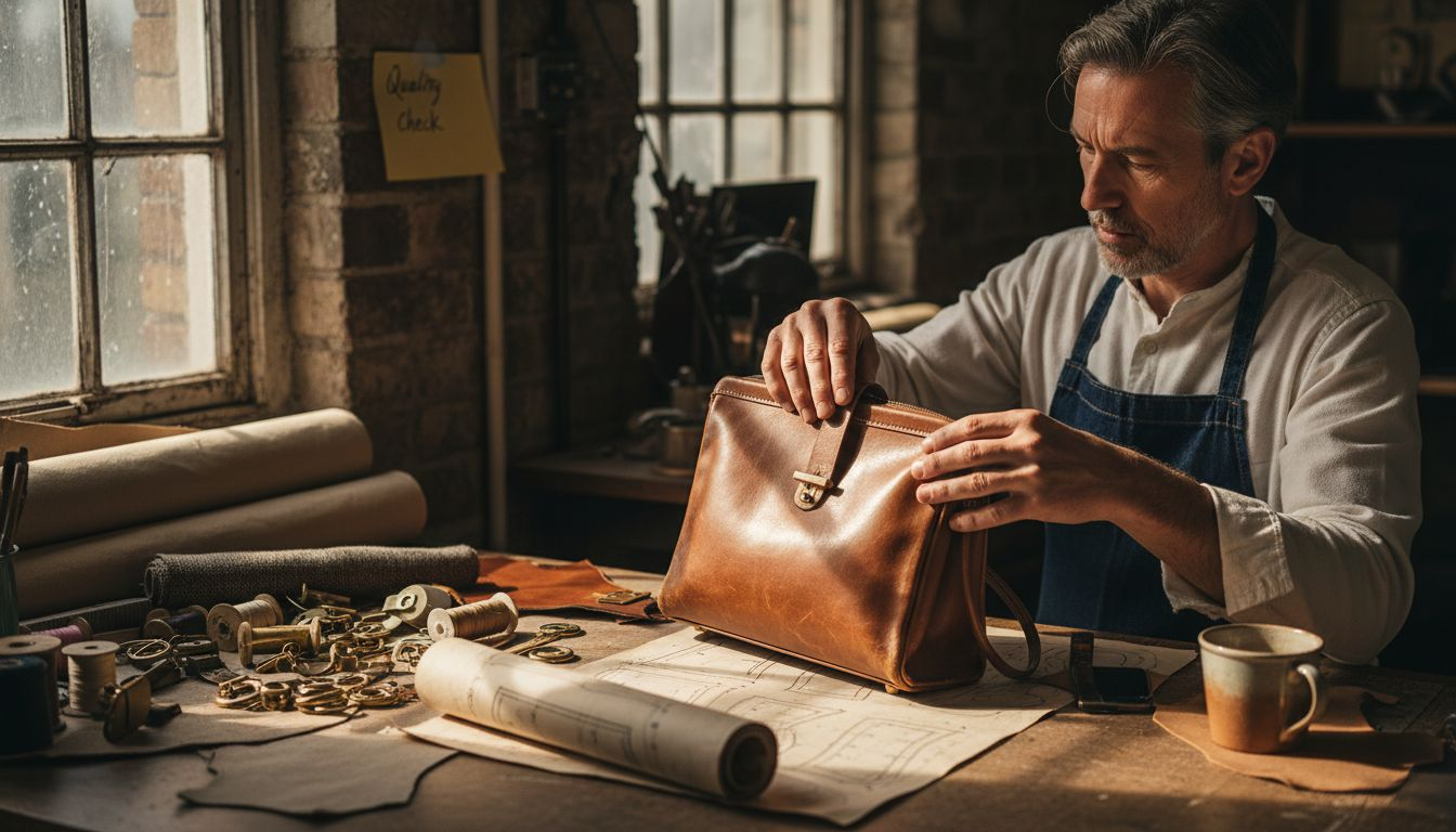 Artisan checking leather bag stitching details