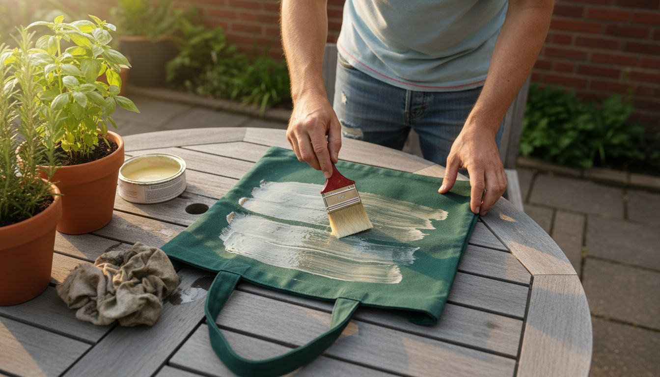 Applying wax to canvas tote outdoors