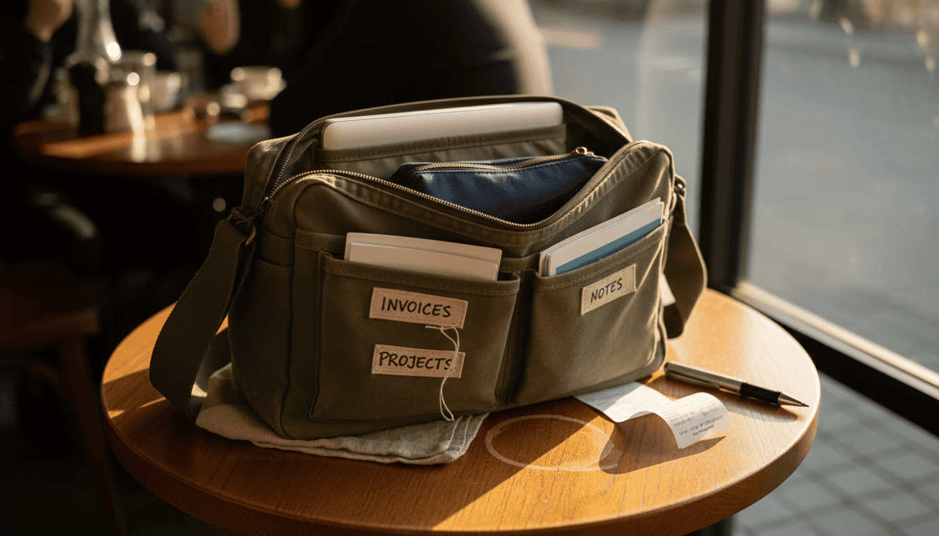 Canvas bag compartments open on café table