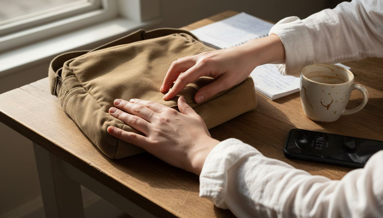 Hands inspecting seam of canvas bag