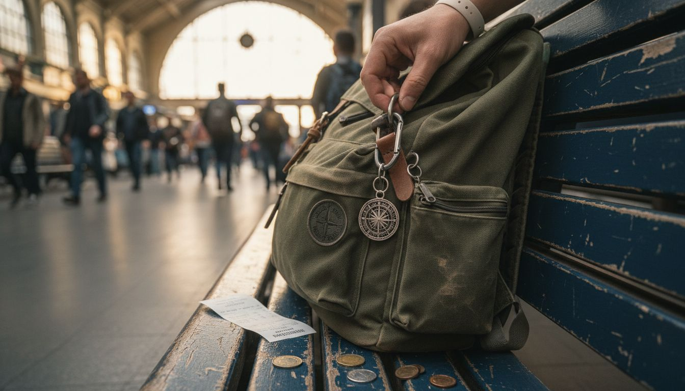 Close-up securing accessory to canvas backpack