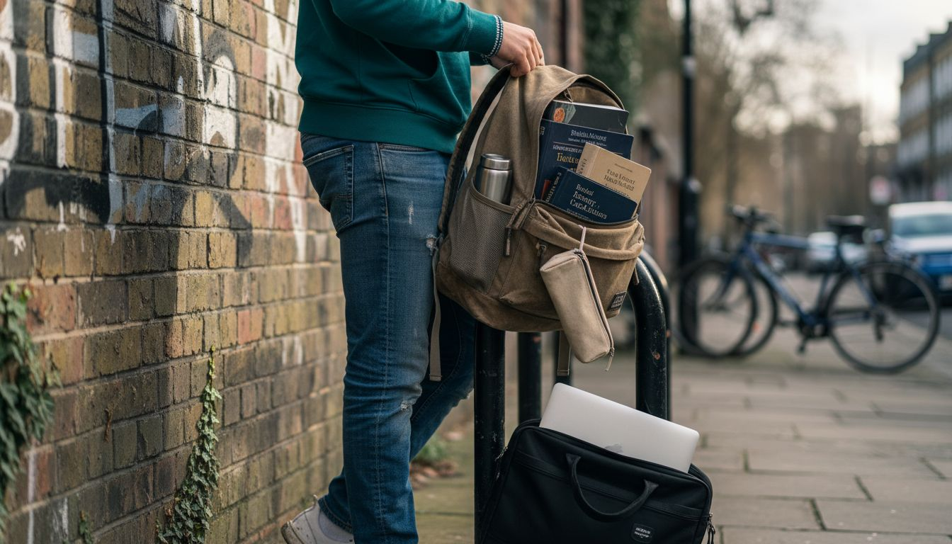 Student showing Troop London backpack compartments