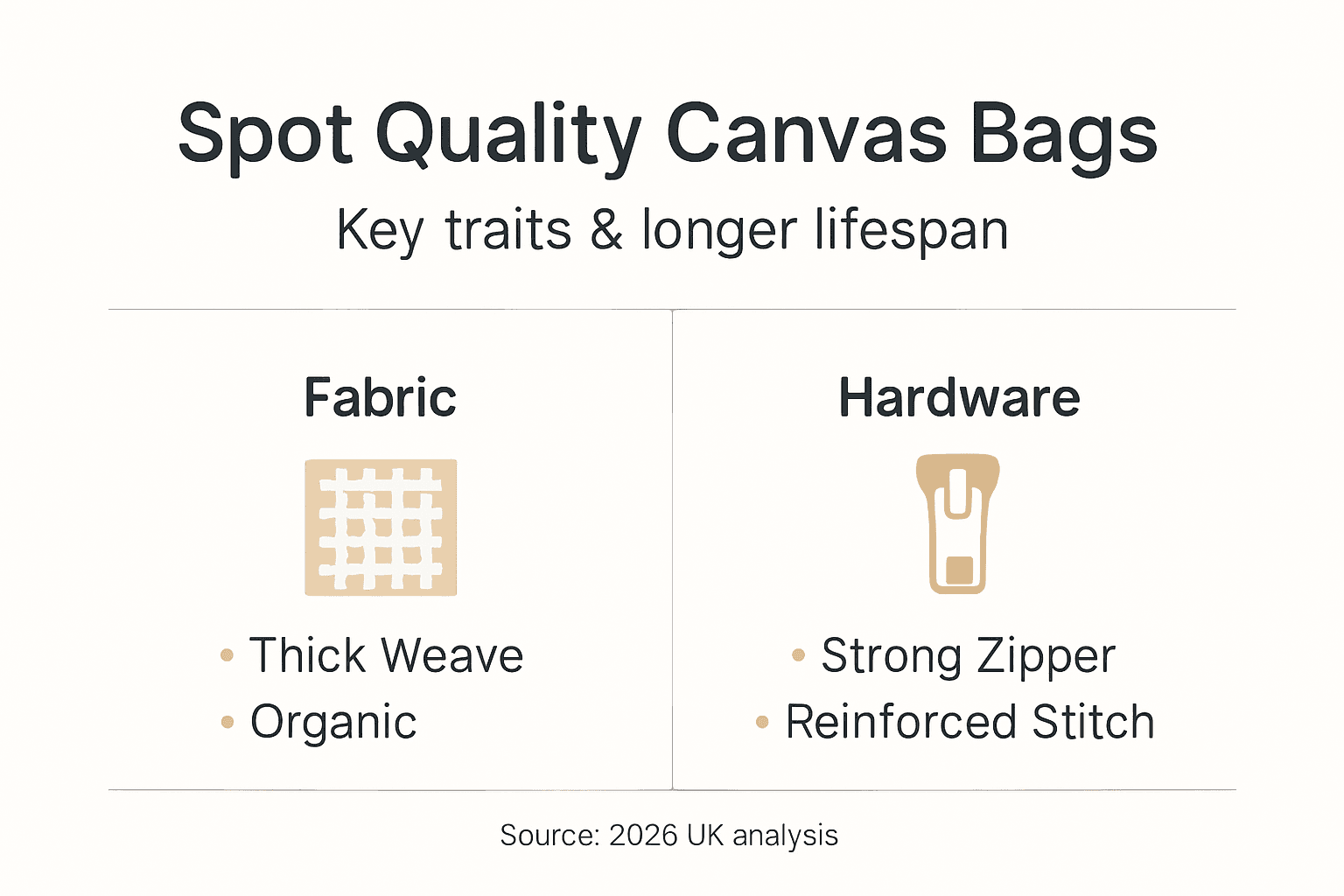 Infographic summarizing canvas bag quality traits
