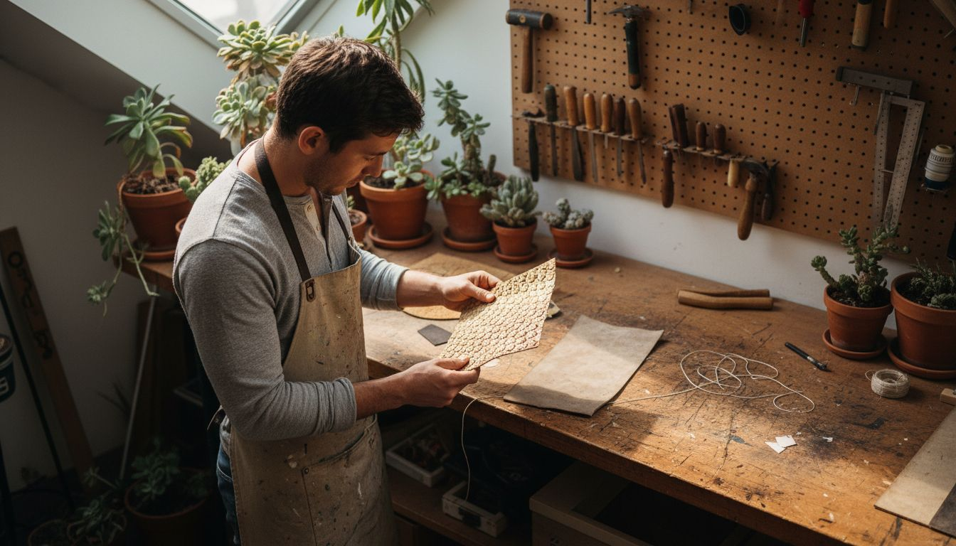 Artisan examining plant-based leather panels