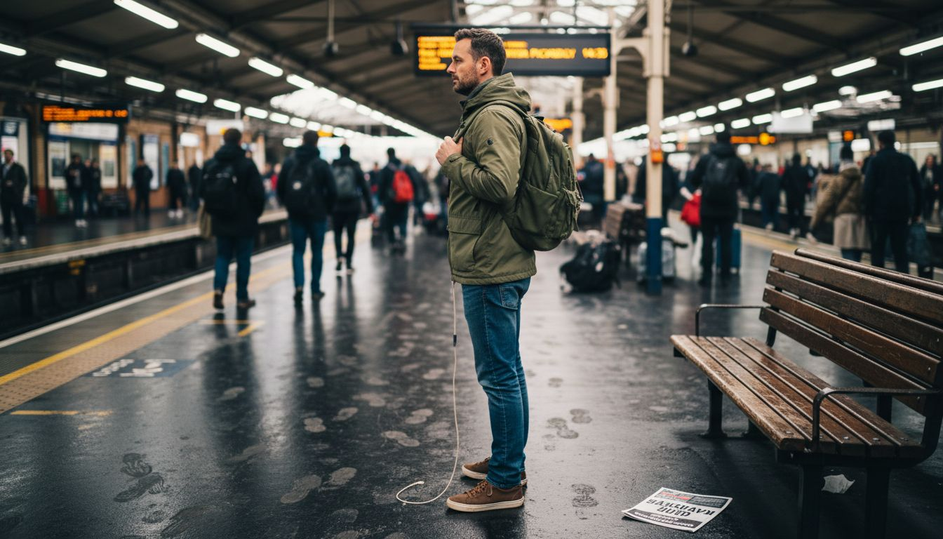 Commuter adjusts backpack straps for comfort