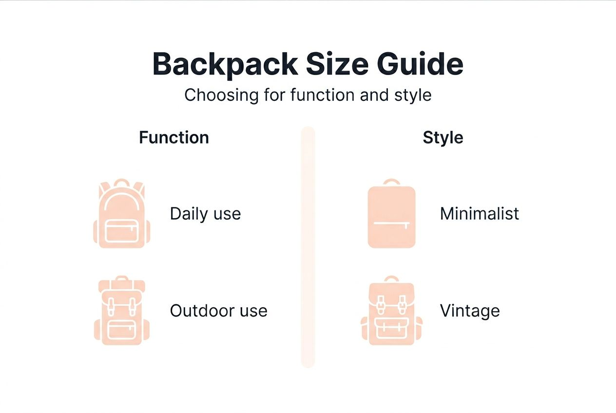 Backpack size guide infographic with function and style
