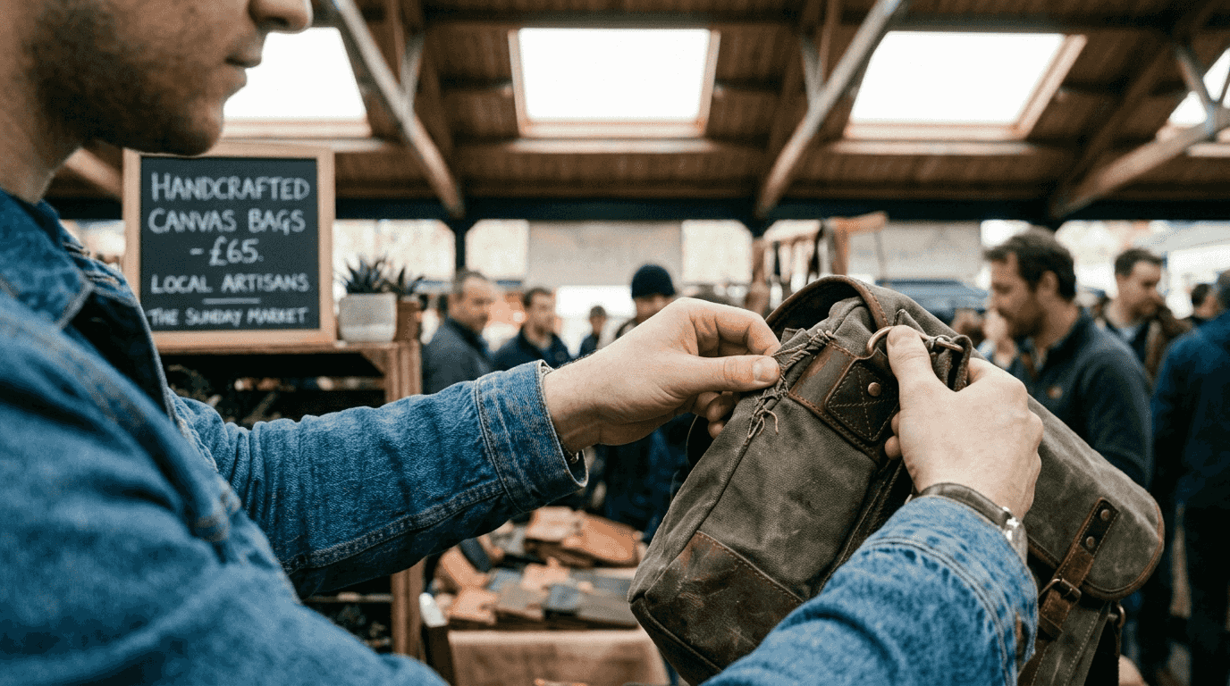 Customer inspecting canvas bag quality at market
