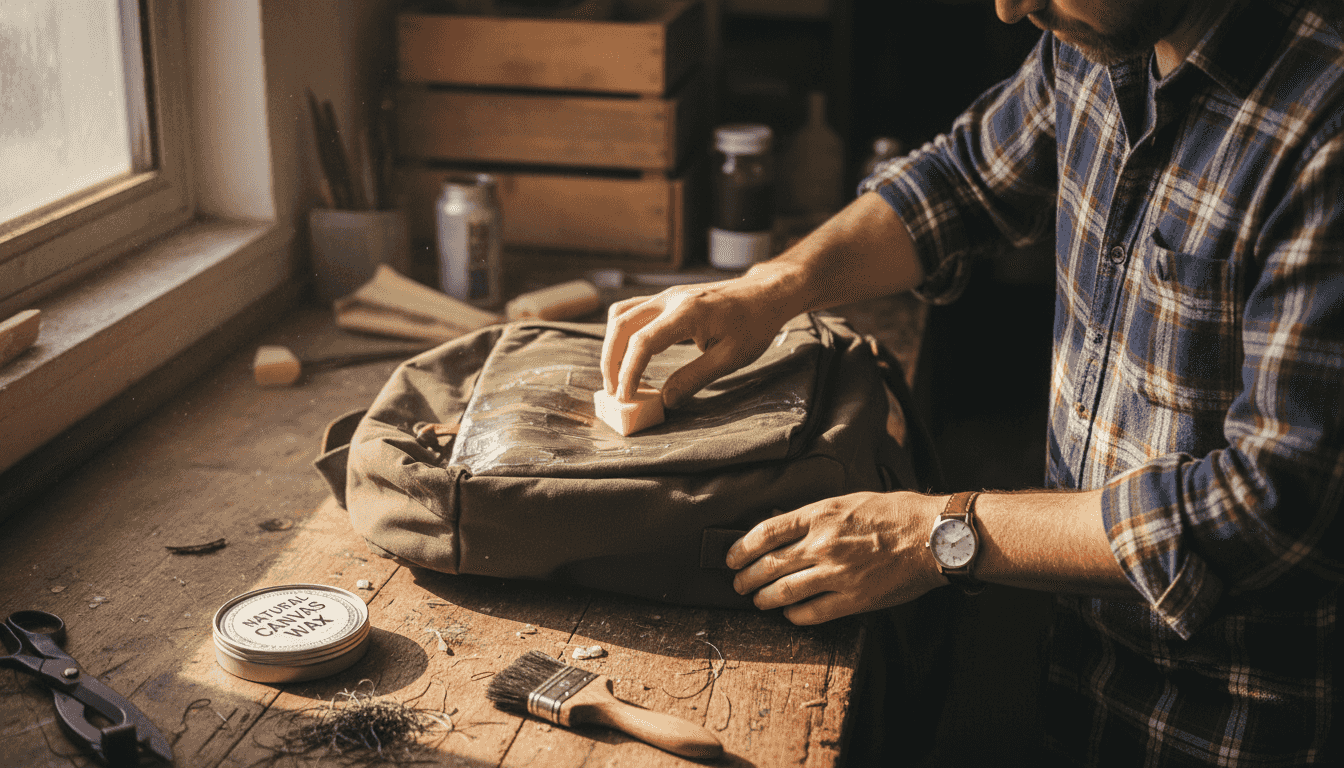 Artisan waxing canvas backpack in rustic workshop