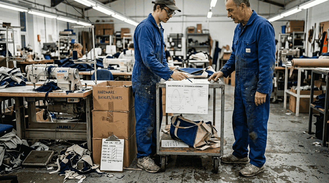 Factory workers discussing bag assembly and design