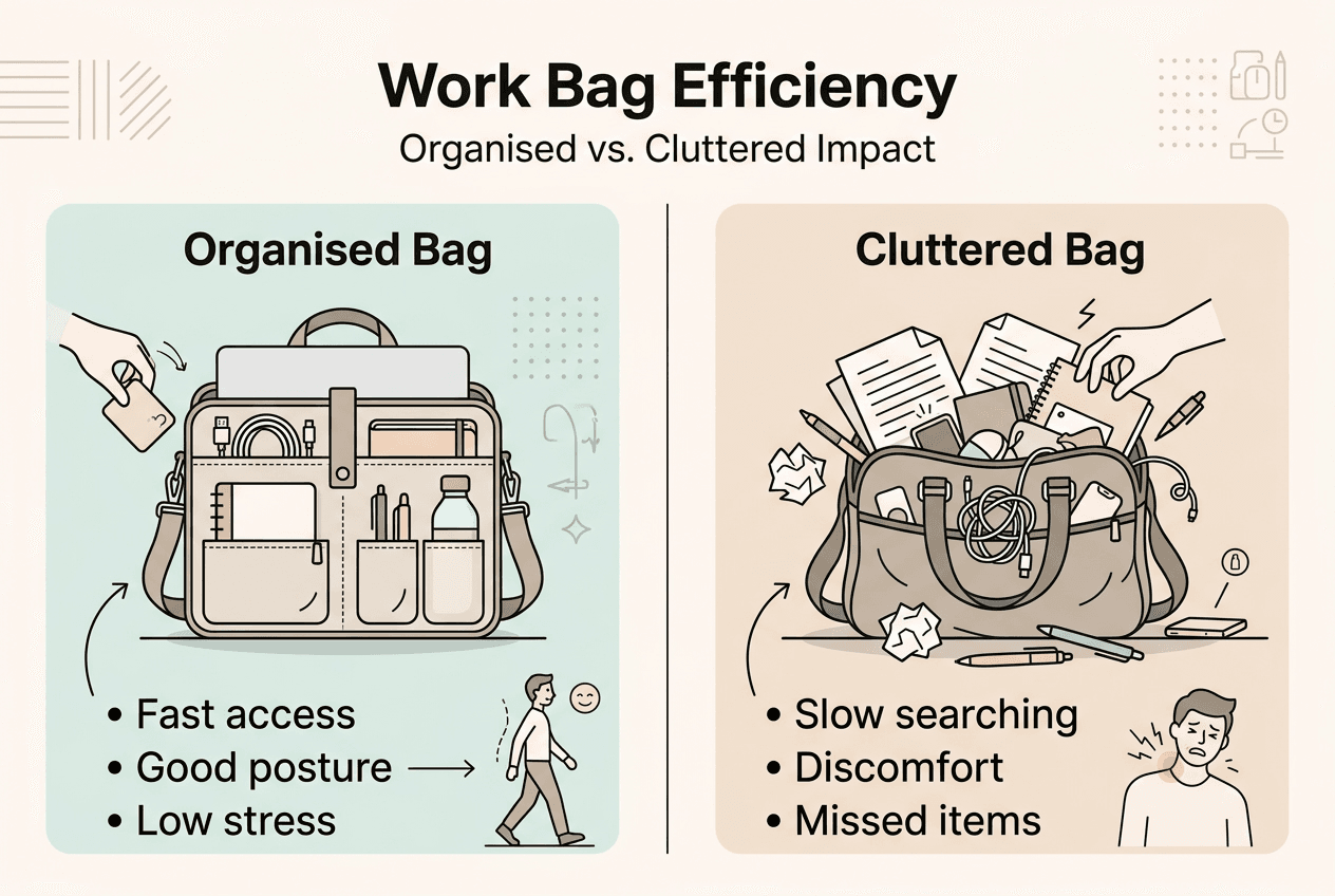 Infographic comparing organised and cluttered work bags