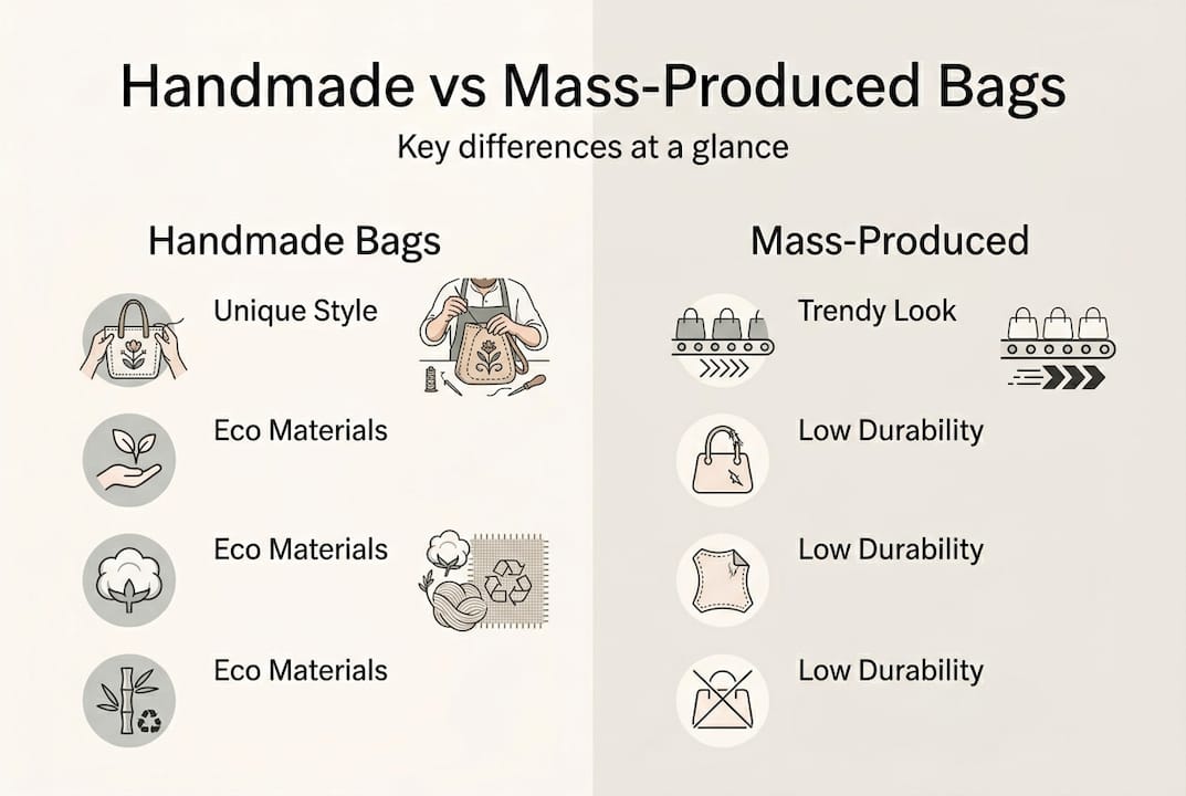 Infographic comparing handmade and mass-produced bags