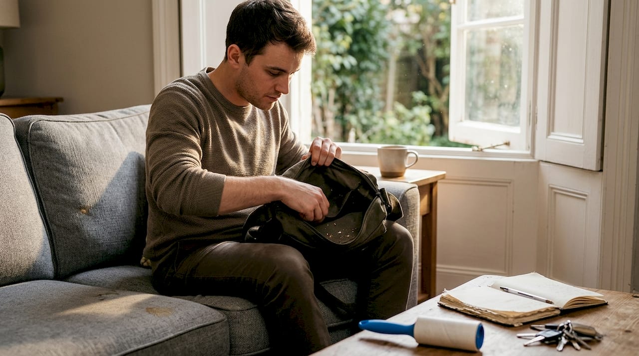 Man cleans inside canvas messenger bag