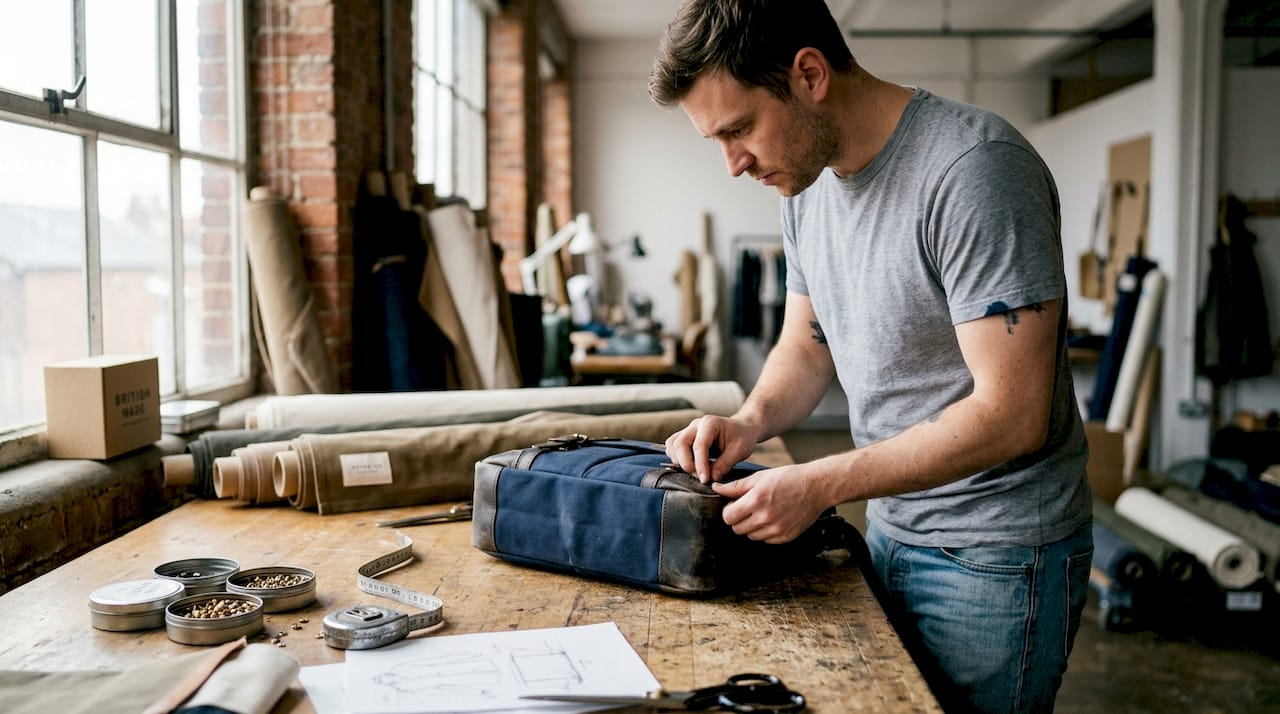 Designer inspecting canvas bag reinforcement