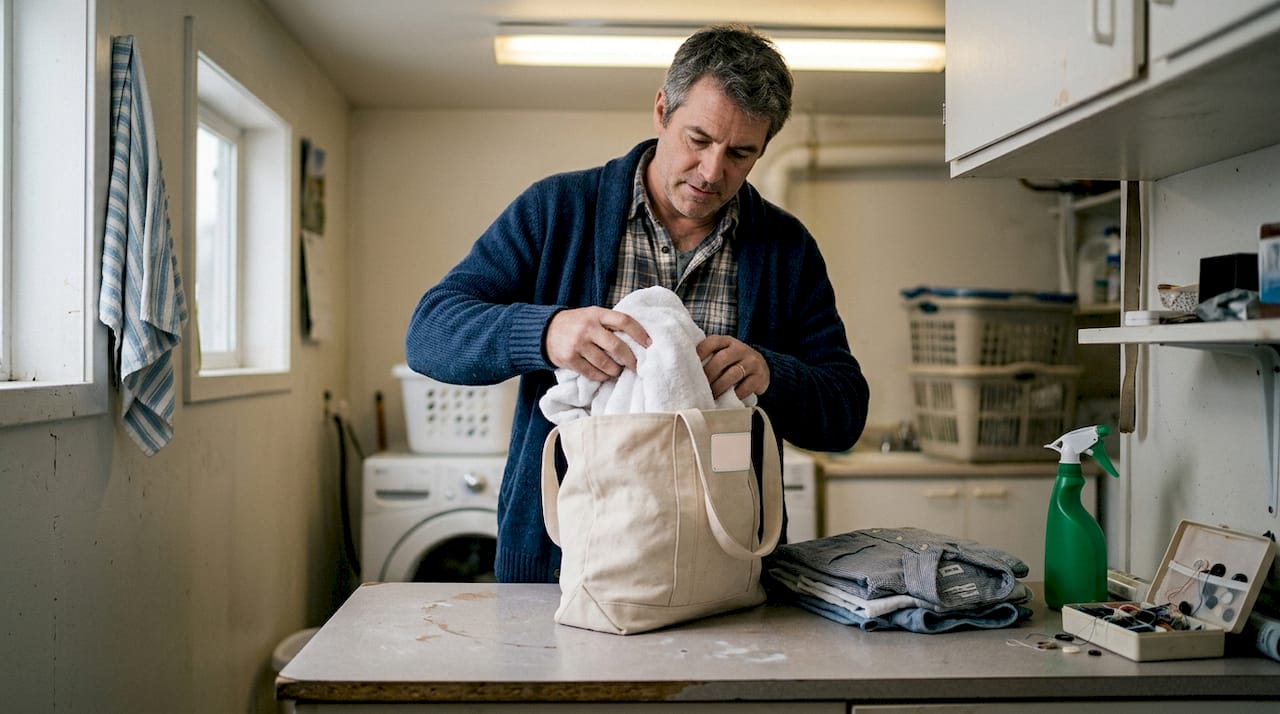 Man reshaping canvas bag with towels
