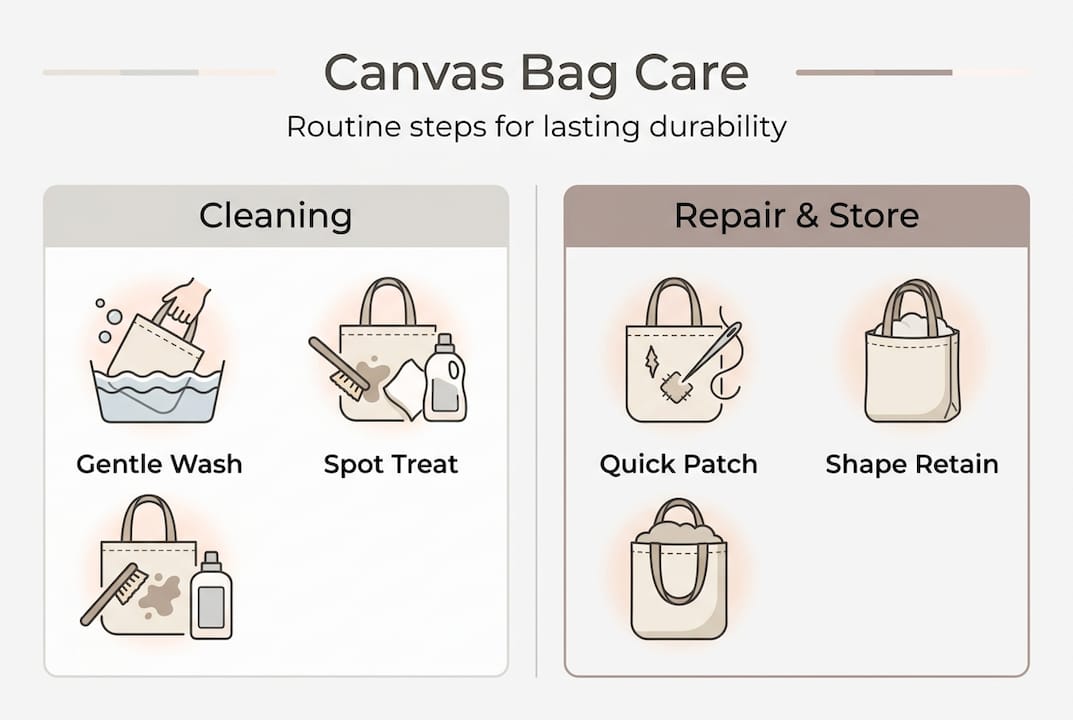 Infographic showing canvas bag care steps