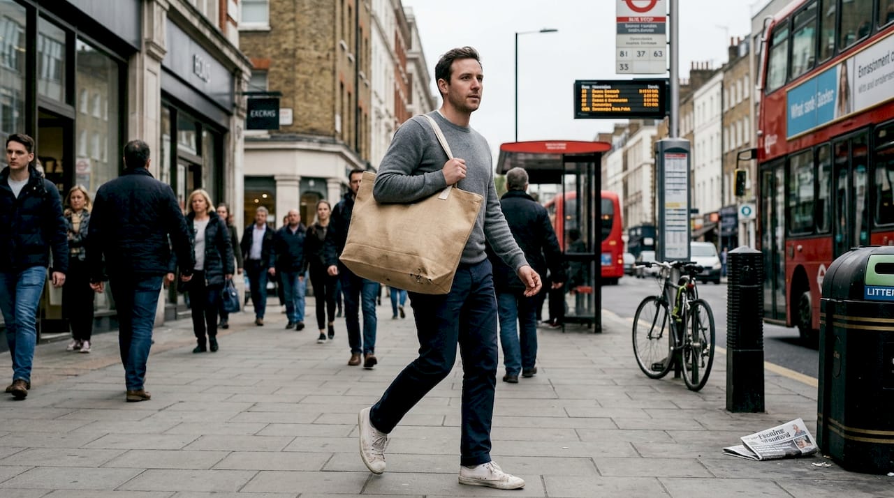 Man carrying hemp tote with urban crowd