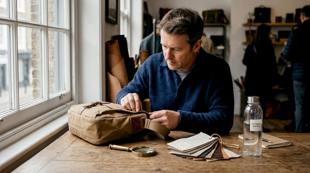 Shopper inspecting craftsmanship details of bag