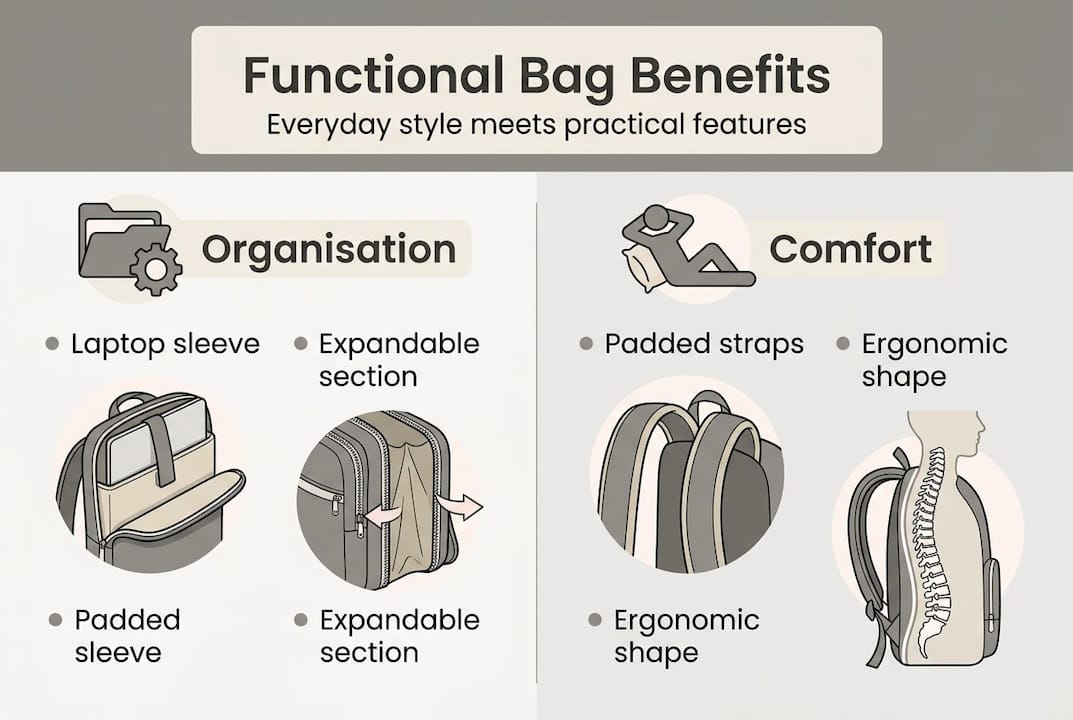 Infographic showing functional bag benefits and features