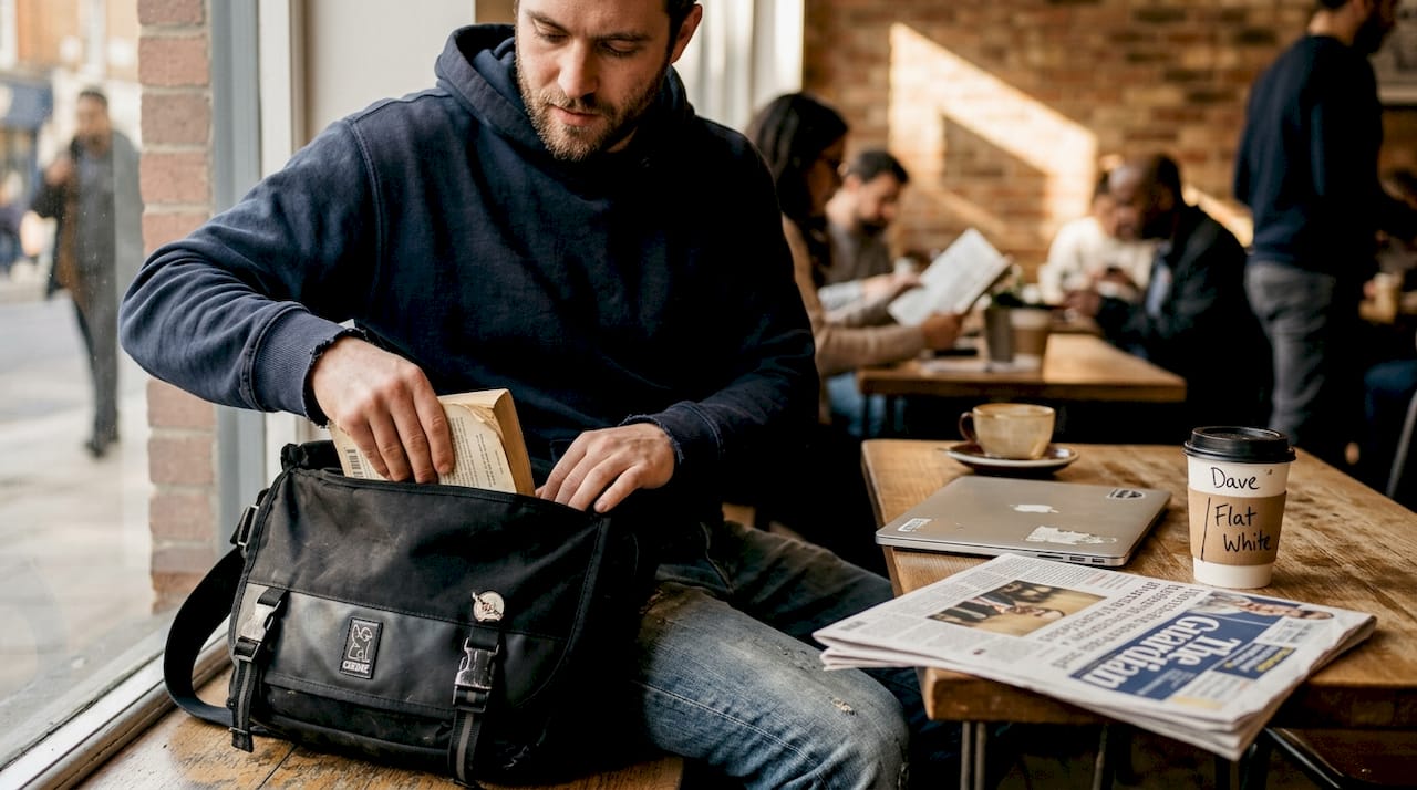 Commuter accessing messenger bag in cafe