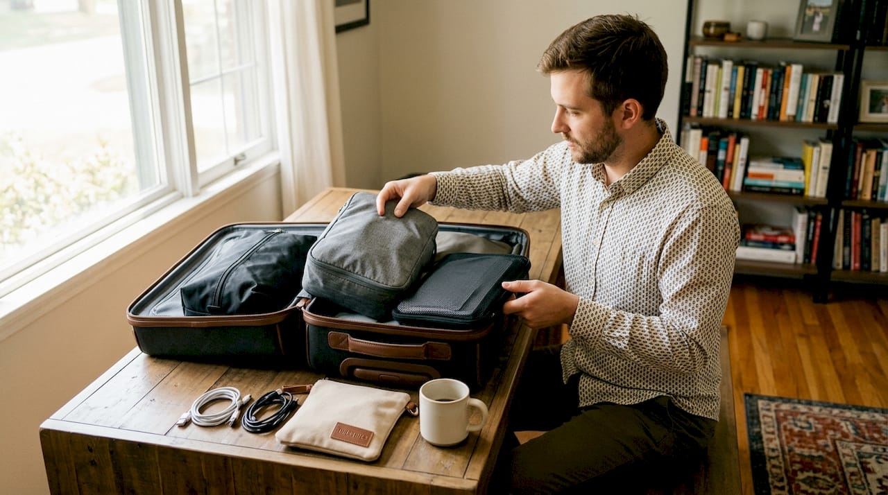 Sorting accessories into packing cubes and cases