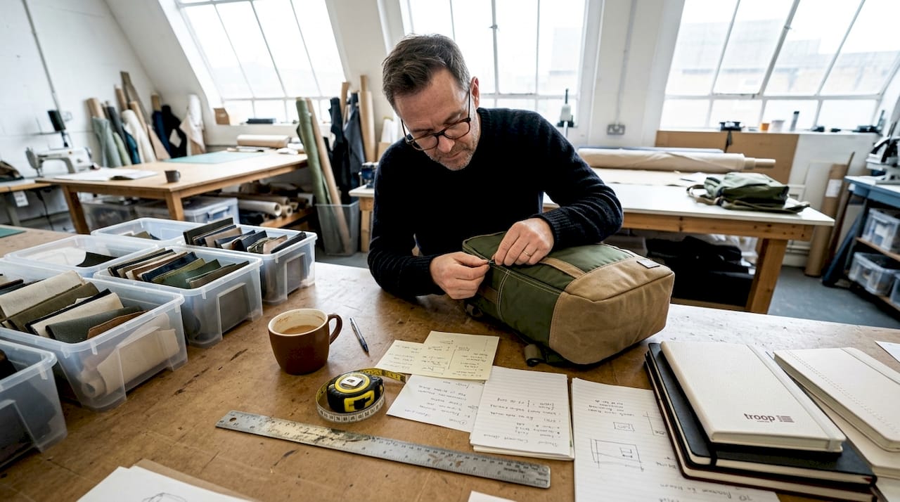 Designer checking bag stitching with material swatches