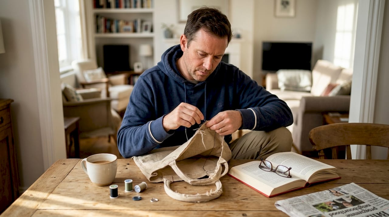 Man repairing eco-friendly bag handle at table