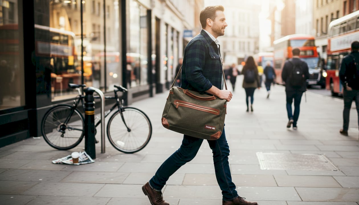 Man carrying worn canvas bag on street