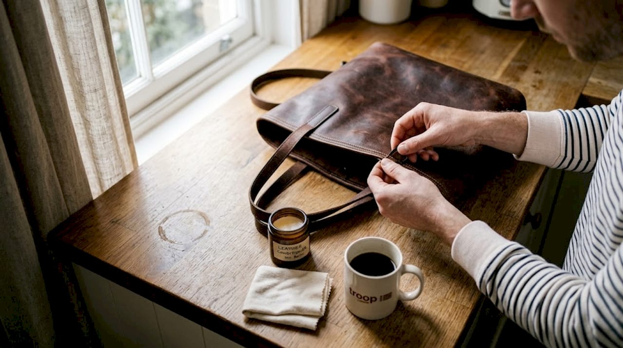 Hands inspecting stitching on leather tote bag