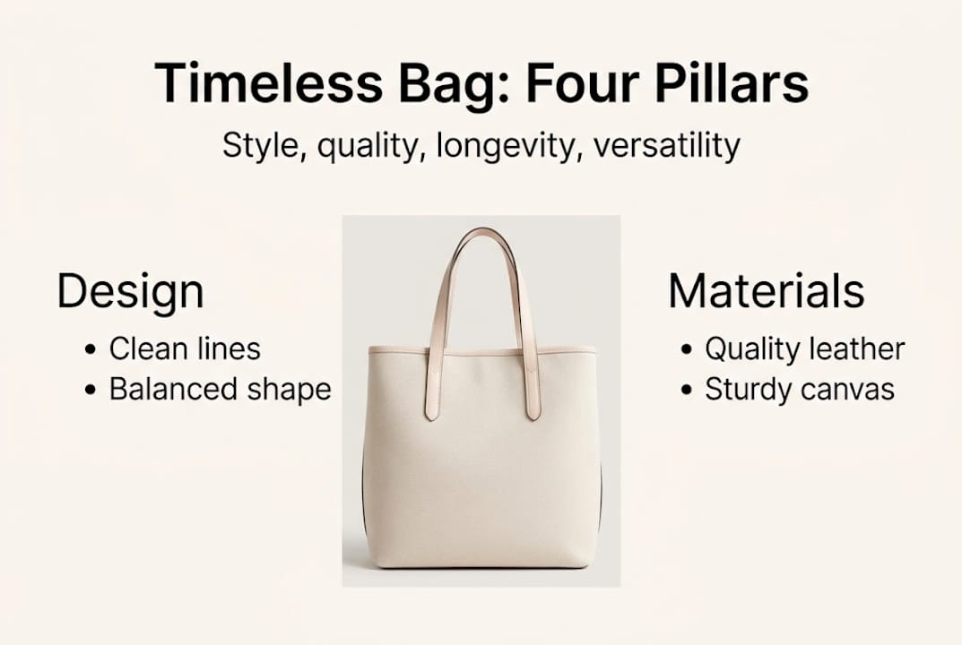 Infographic listing four pillars of timeless bags