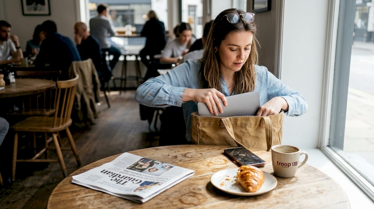 Woman using work tote bag at café table