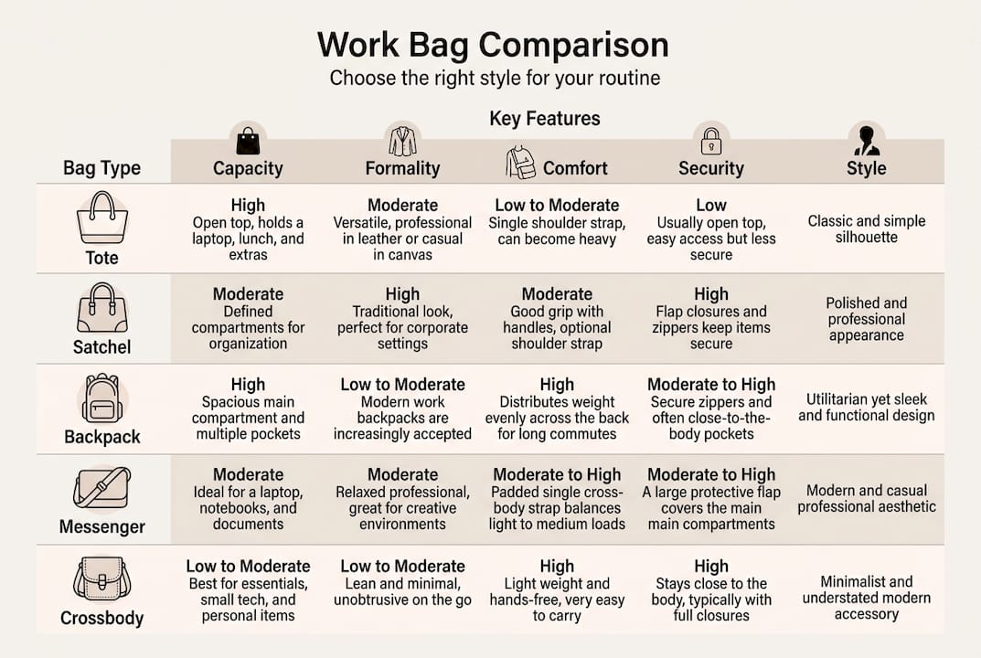 Infographic comparing work bag types and features