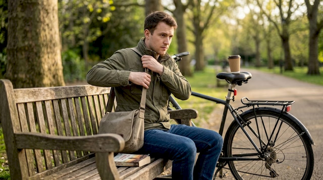 Man matching canvas bag with outfit in park