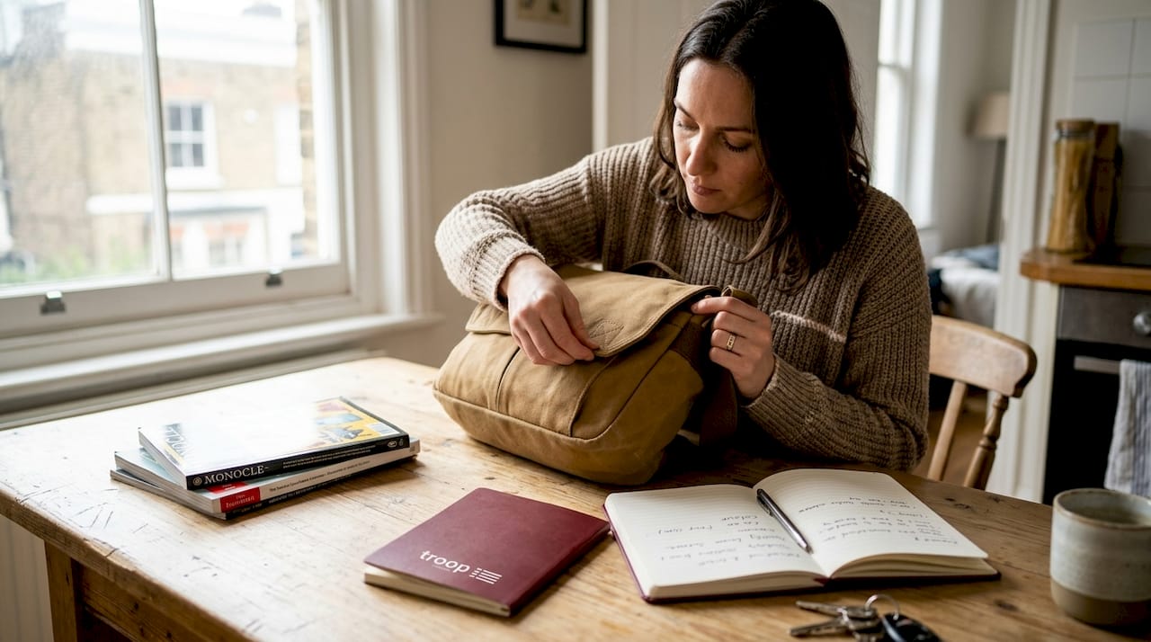 Woman inspecting stitching on heritage bag