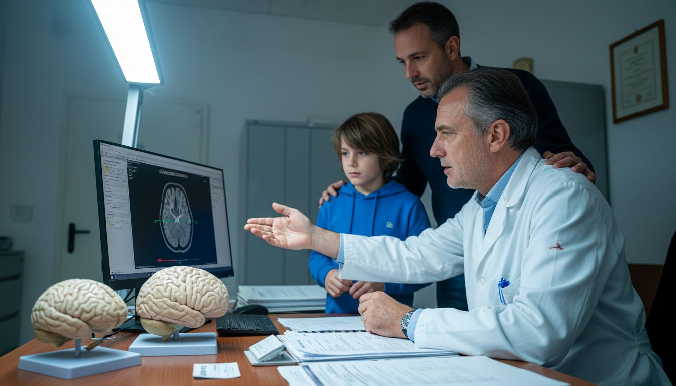 Il medico illustra alla famiglia i risultati della risonanza cerebrale.