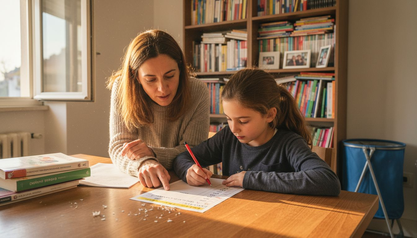 Un genitore che aiuta il proprio figlio a organizzare i compiti con una lista delle cose da fare