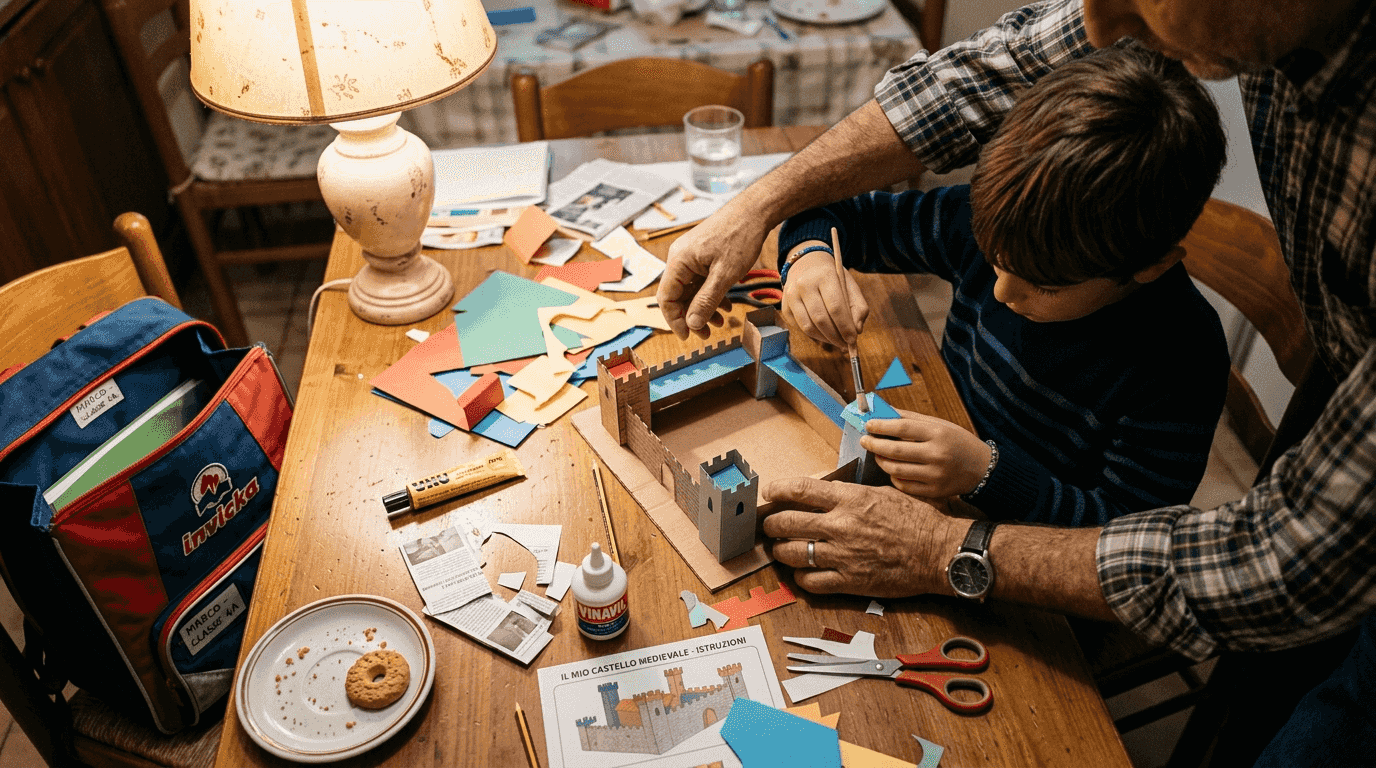 Un papà e suo figlio si divertono insieme a realizzare un modellino di carta.