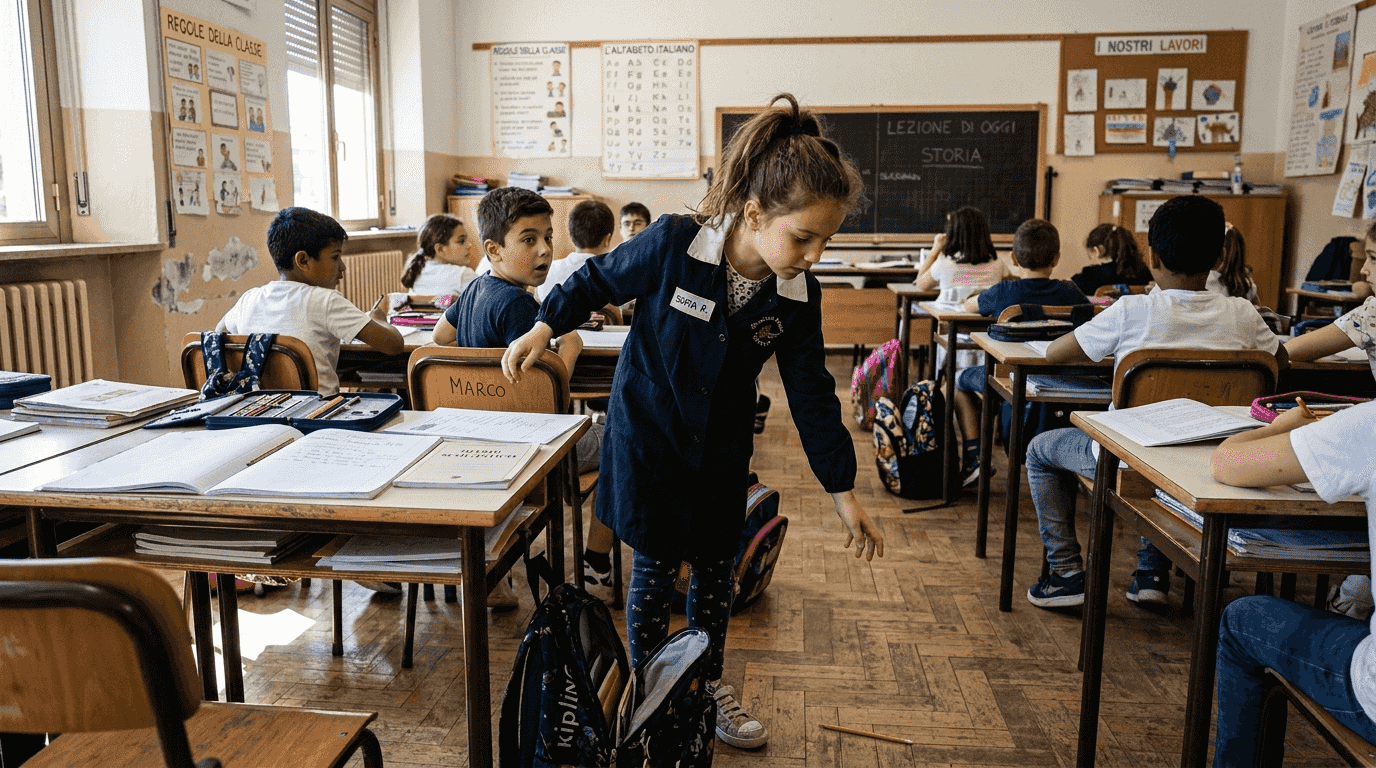 Una ragazza allunga la mano per prendere una matita tra i banchi affollati della classe.