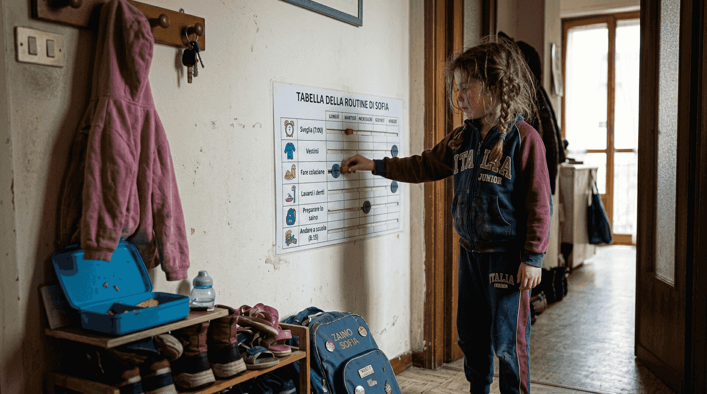 Bambino che segue la propria routine quotidiana con l'aiuto di una tabella visiva