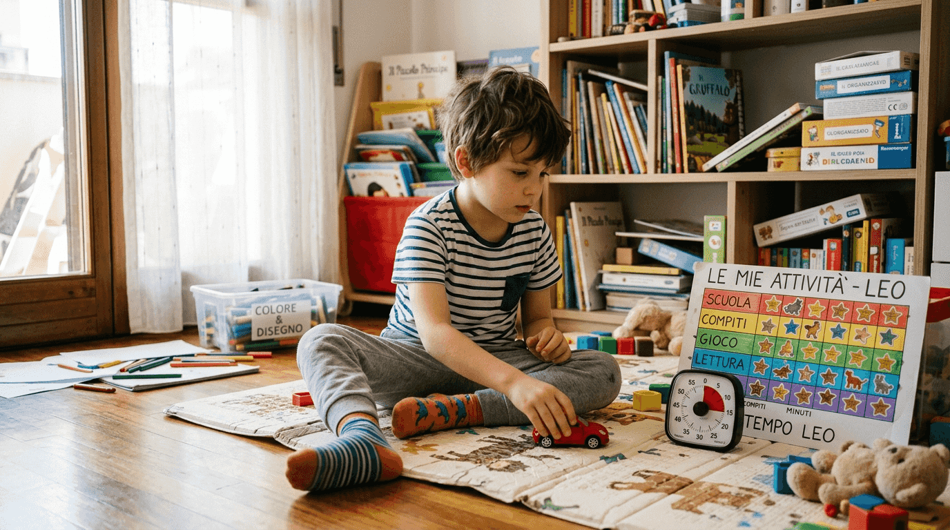 Bambino che utilizza un timer e strumenti visivi per organizzare le attività