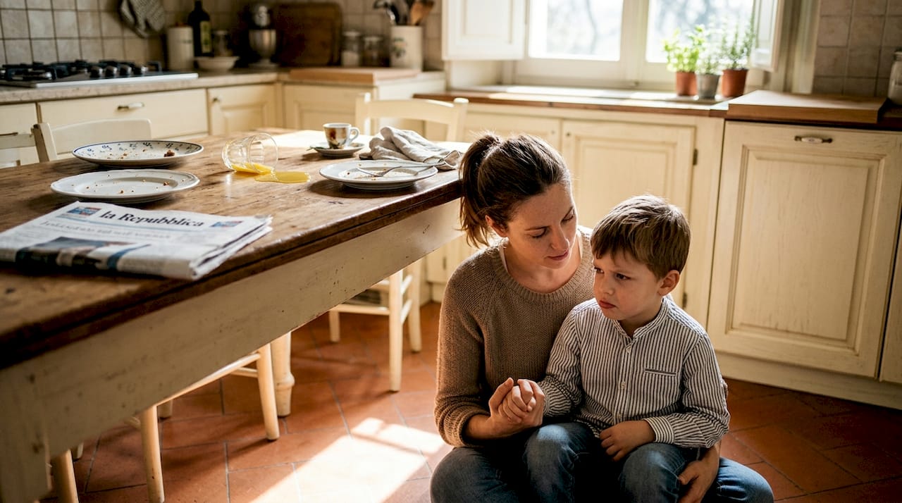 In cucina, una mamma cerca di calmare il suo bambino che è arrabbiato, parlando con dolcezza e abbracciandolo.