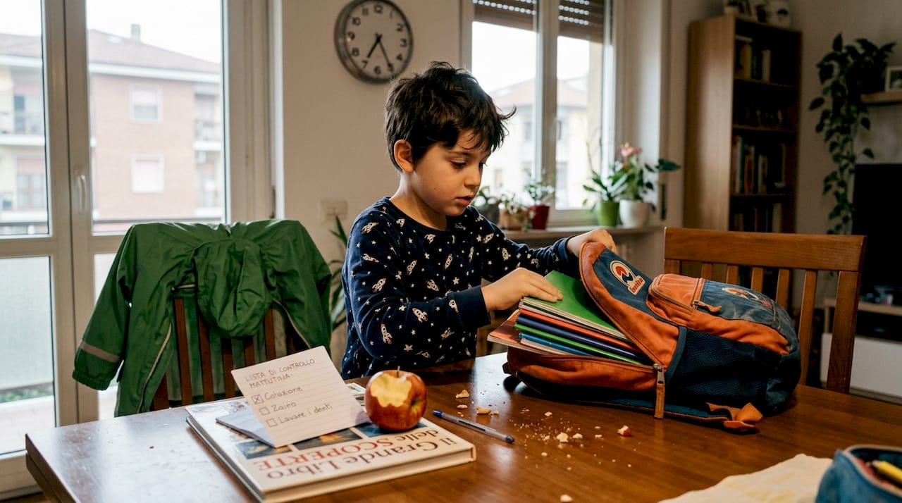 Un bambino con ADHD si organizza per la scuola e sistema lo zaino come parte della sua routine mattutina.
