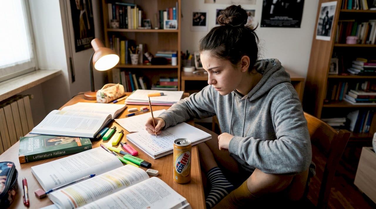 Un ragazzo adolescente con ADHD impegnato a studiare alla propria scrivania di casa